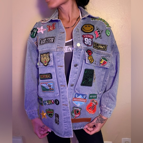 Baggy Patchwork Light Wash Denim Jean Y2K Jacket with Colorful Patches - Picture 2 of 10